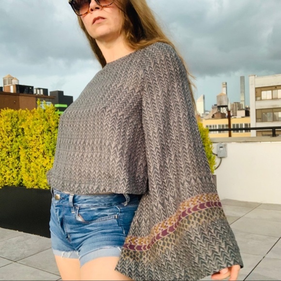 Free People Geometric Abstract Chevron Boatneck Statement Flare Bell Sleeve Top - Picture 4 of 16